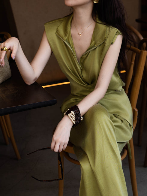 Cupro Sleeveless Wrap Vest & Wide-Leg Pants Set – Elegant Draped Two‑Piece Resort Suit