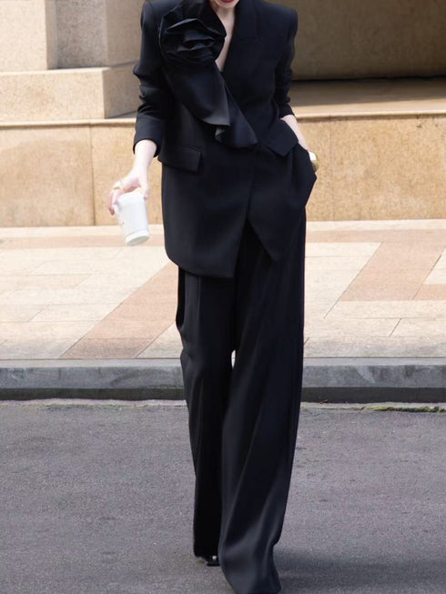 Luxury Floral Appliqué Blazer & Wide-Leg Trousers Suit Set – Elegant Designer Women's Power Suit