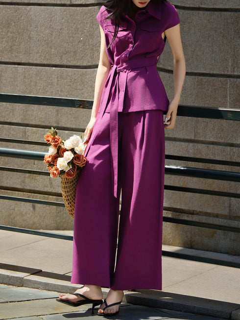 Tencel Linen Belted Vest & Wide-Leg Pants Set – Tailored Sleeveless Shirt and Relaxed Summer Suit
