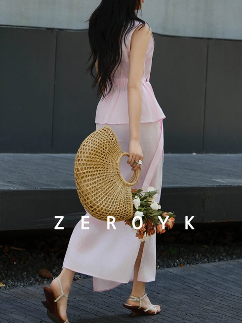 100% Linen Tie-Waist Vest Top & Midi Skirt Set – Elegant V-Neck Summer Two-Piece Outfit