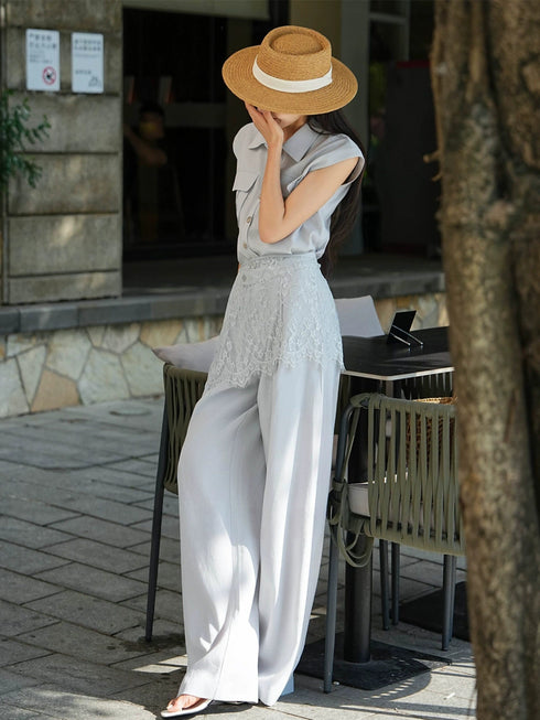 Old Money Relaxed Sleeveless Vest & Lace Overlay High‑Waisted Wide‑Leg Pants Three‑Piece Set