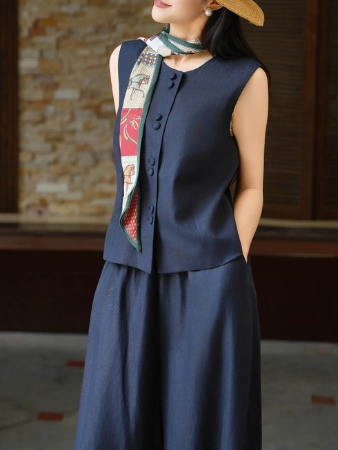 Old-Money Linen-Blend Vest & Wide-Leg Pants Set with Silk Scarf – Sleeveless Tailored Three‑Piece Outfit