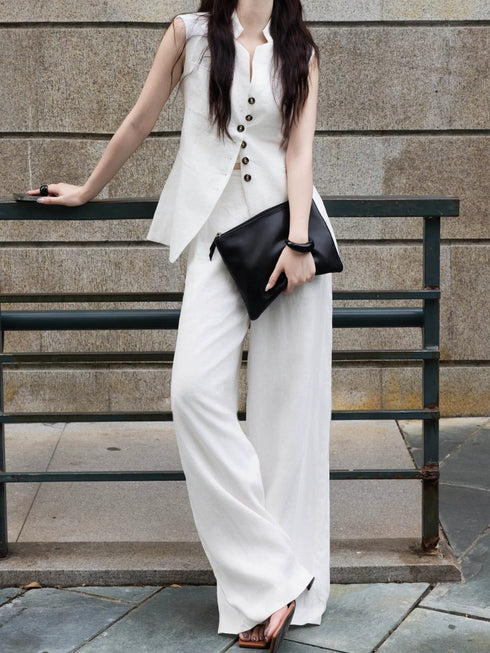 White Linen Rose Embroidered Vest & Wide-Leg Pants Set – Minimalist Tailored Summer Suit
