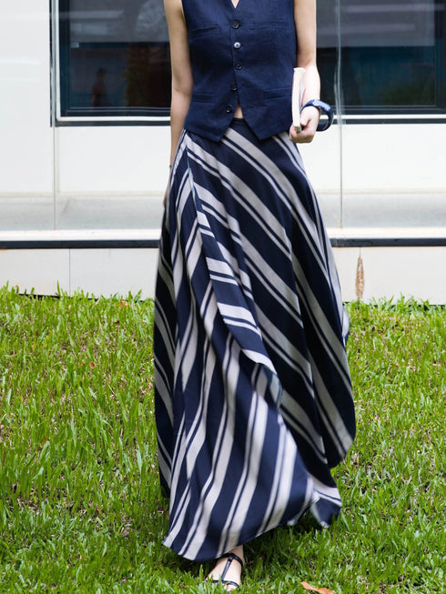 Old-Money Linen Vest & Striped Draped Skirt Set – Elegant Resort Tailored Two‑Piece