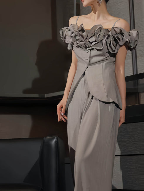 Off-Shoulder Ruffle Sculpted Top & Wide-Leg Pants Set – Designer Draped Two-Piece Ensemble