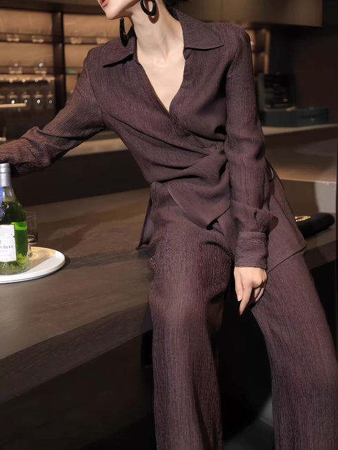 Textured Wrap Shirt & Wide-Leg Pants Set – Luxury Pleated Spring Two‑Piece Outfit