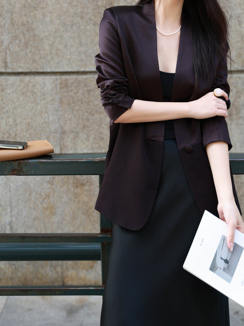 Acetate Tailored Blazer & Satin Maxi Skirt Set – Elegant Waist-Cinched Office Suit