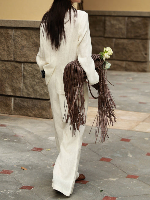 100% Linen Relaxed V-Neck Blazer & Wide-Leg Pants Set – Effortless Resort Tailored Ensemble