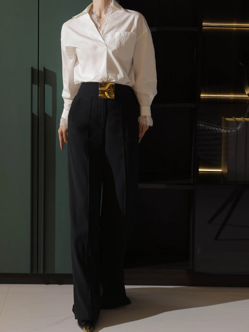 French Lace-Trim Polo Collar White Shirt – Elegant Long Sleeve Spring Blouse