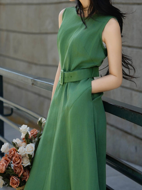 100% Linen Sleeveless Belted Midi Dress – Elegant Waist-Cinched Summer A-Line Dress