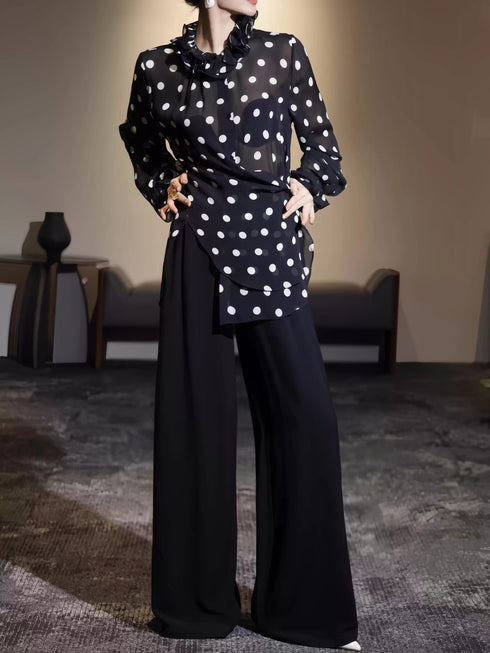 French Elegance Polka Dot Ruffle Blouse & Wide-Leg Pants Set – Effortless Spring Summer Statement Suit