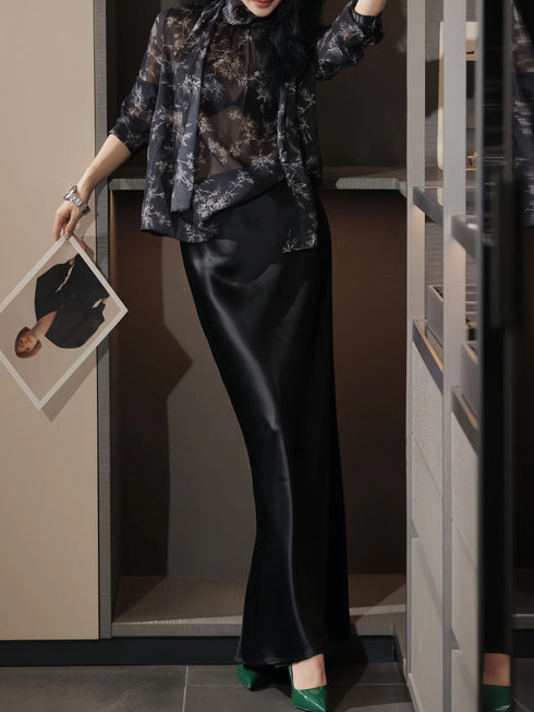100% Mulberry Silk Sheer Floral Print Bow-Tie Blouse – Luxury Lightweight Silk Shirt for Women