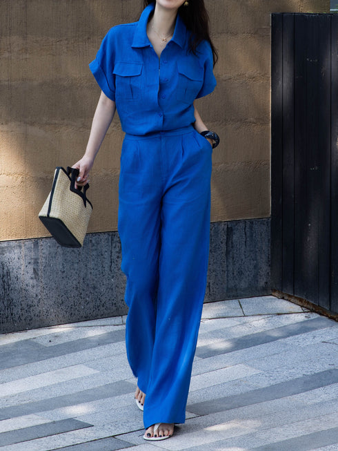 100% Linen Utility Shirt & Wide-Leg Pants Set – Minimalist Summer Tailored Two-Piece
