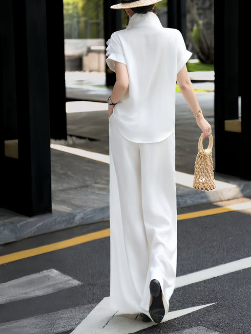 Luxury Linen Two-Piece Set – 3D Floral Appliqué Shirt & Wide-Leg Pants Resort Ensemble