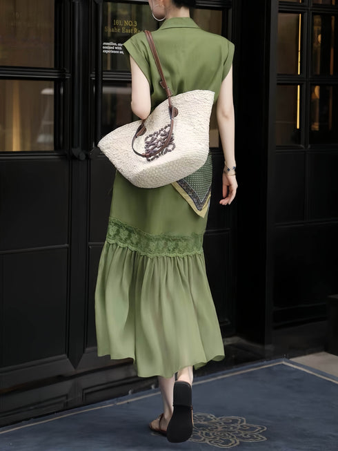 French Elegant Tie-Waist Shirt Dress – Lace Hem Midi Mermaid Dress with Scarf Detail