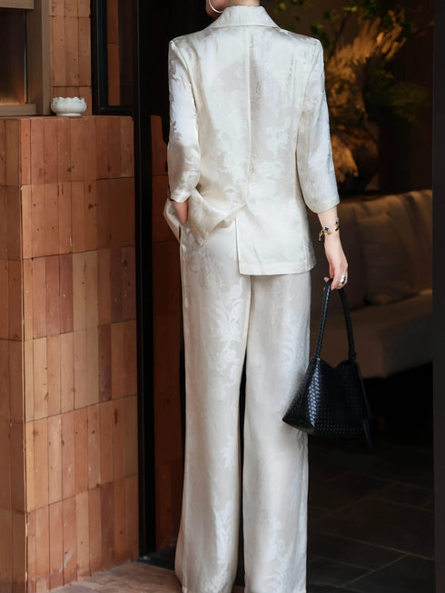 Acetate Jacquard Tailored Blazer & Wide-Leg Pants Suit – Designer Elegant Women’s Two‑Piece Set