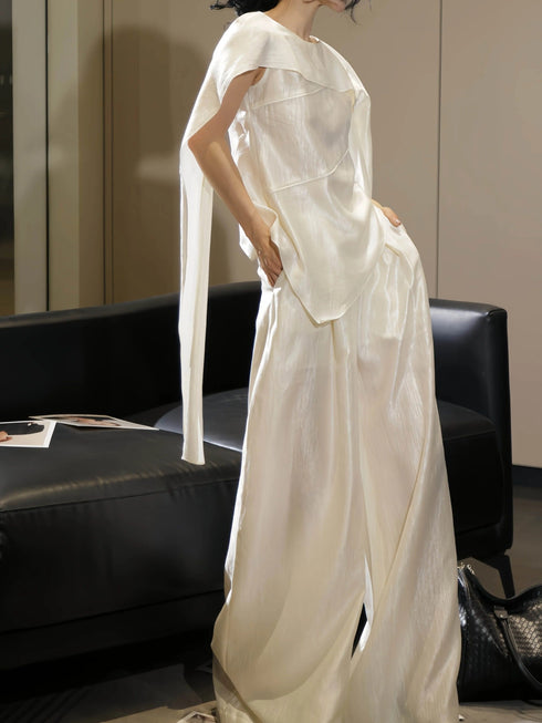 French Elegant Draped Cape Top & Wide-Leg Pants Set – Luxury Minimalist Statement Two-Piece