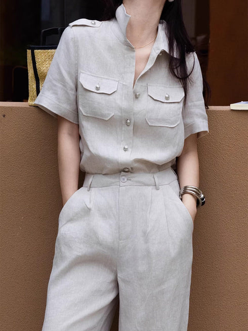 Women's Luxury Linen Two‑Piece Set – Short Sleeve Safari Shirt & Wide‑Leg Trousers