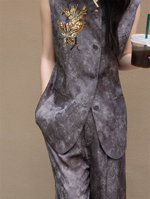 Vintage Jacquard Silk-Blend Beaded Vest & Wide-Leg Pants Set – Elegant Tailored Two‑Piece Suit