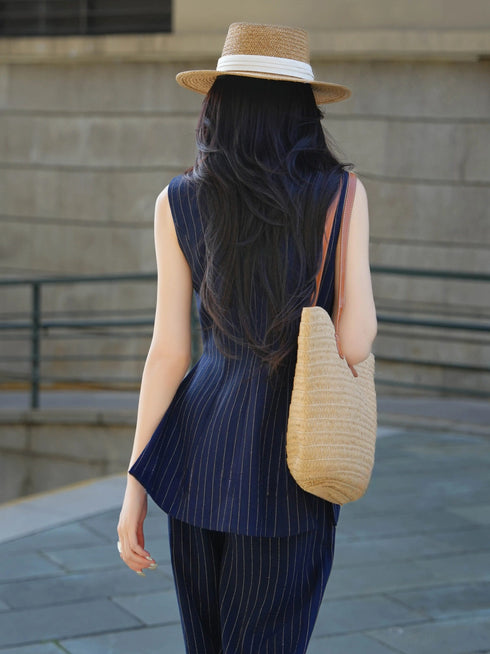 Old Money Pinstripe Vest & Wide-Leg Pants Set – Elegant Tailored Two‑Piece Suit