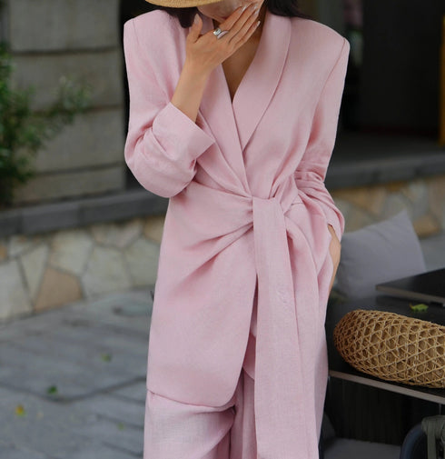 100% Linen Wrap Blazer & Wide-Leg Pants Set – Relaxed Old Money Tailored Suit