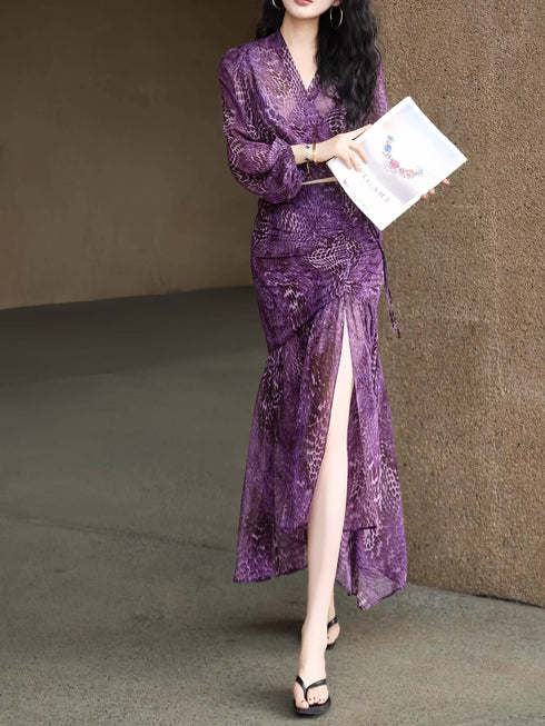 French Elegant Leopard Print Puff Sleeve Wrap Top & Mermaid Skirt Set – Luxe Waist-Cinching Two-Piece Dress