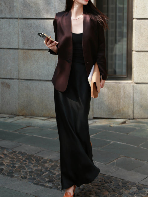 Acetate Tailored Blazer & Satin Maxi Skirt Set – Elegant Waist-Cinched Office Suit