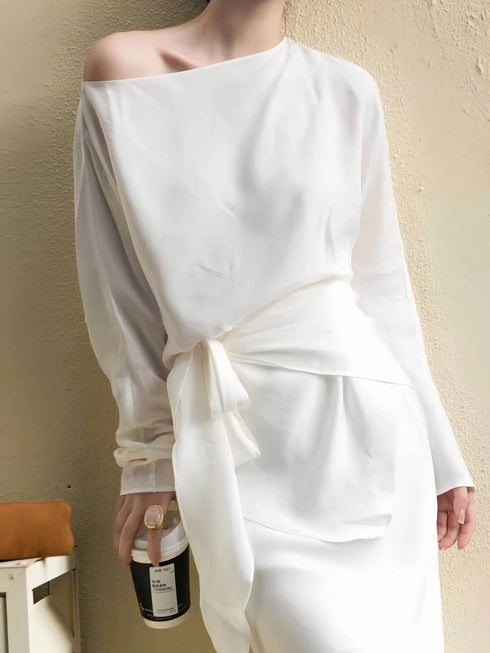 Luxury Cupro Batwing Top & Slim Maxi Skirt Set – Elegant Off-Shoulder Draped Two-Piece Outfit