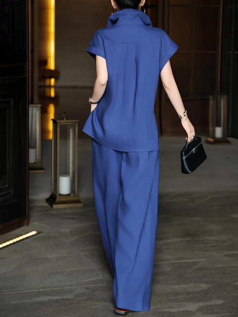 100% Linen Twisted-Drape Shirt & Wide-Leg Pants Set – Elegant Summer Formal Two-Piece Outfit