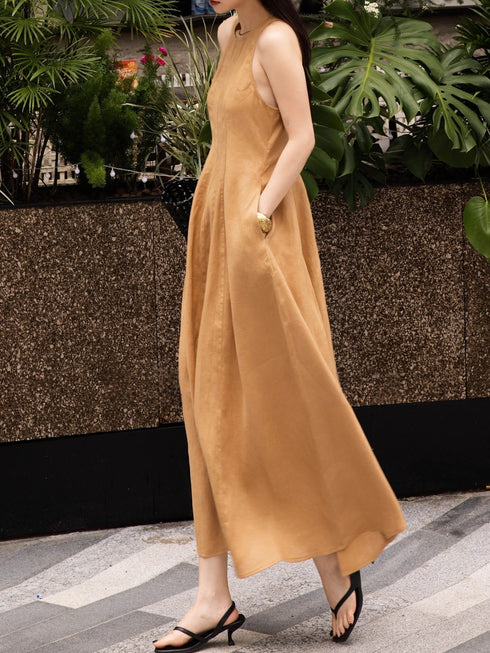 French Waist‑Defined Linen Midi Dress – Sleeveless A‑Line Summer Dress for Petite Women