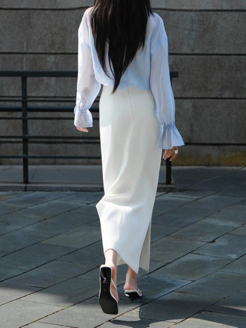 French Ruffle V-Neck Sheer Blouse – Elegant Lightweight Long Sleeve Summer Sun‑Protection Top