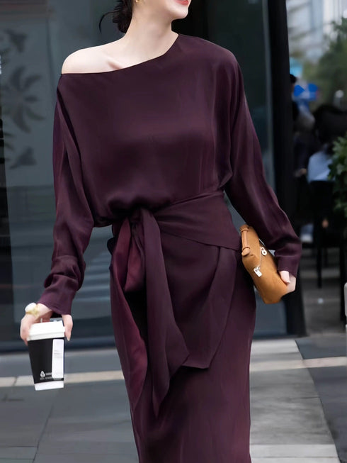 Luxury Cupro Batwing Top & Slim Maxi Skirt Set – Elegant Off-Shoulder Draped Two-Piece Outfit