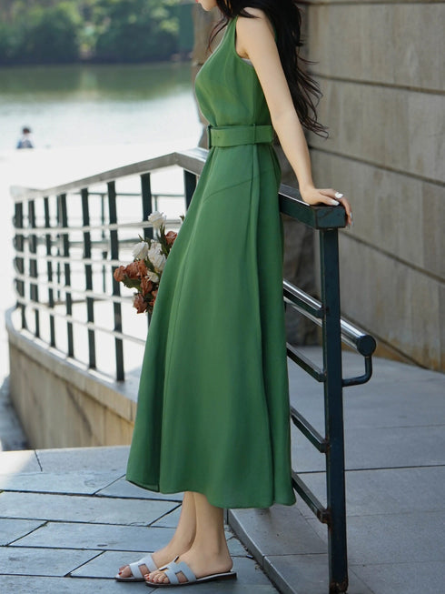 100% Linen Sleeveless Belted Midi Dress – Elegant Waist-Cinched Summer A-Line Dress