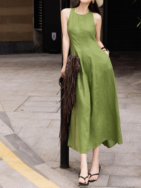 French Waist‑Defined Linen Midi Dress – Sleeveless A‑Line Summer Dress for Petite Women