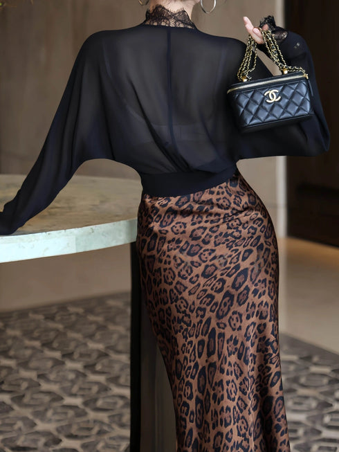 Lace-Trim Sheer Tie-Front Sun Cardigan & Printed Mermaid Skirt Set – Lightweight Resort Elegance