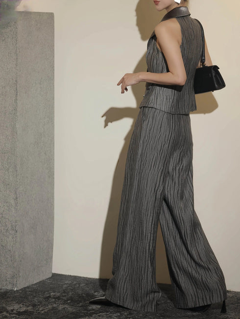 Cooling Satin Textured Stripe Vest & Wide-Leg Pants Set – Tailored Waist Summer Workwear Suit