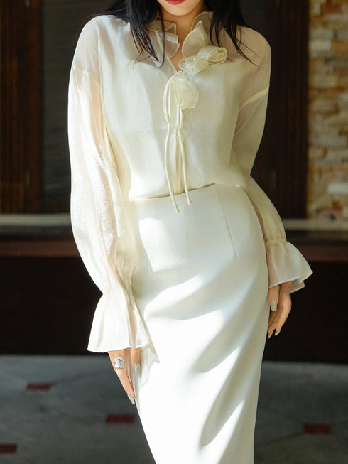 French Ruffle V-Neck Sheer Blouse – Elegant Lightweight Long Sleeve Summer Sun‑Protection Top