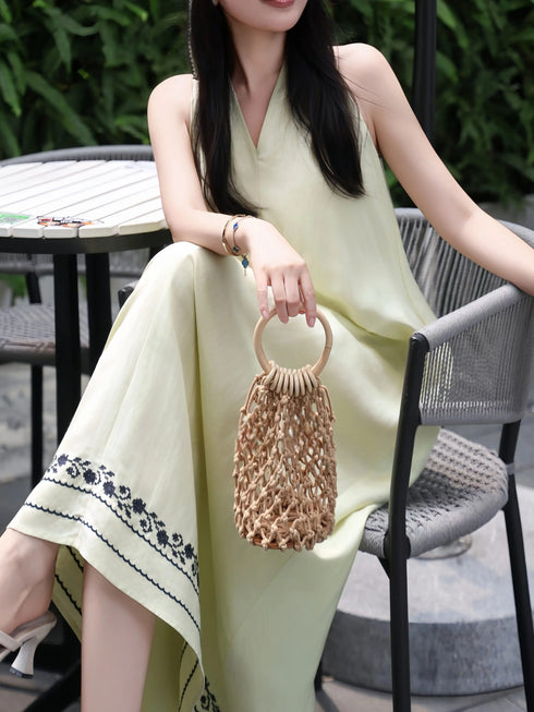 Linen Embroidered Halter Maxi Dress – Scarf Tie Neck Resort Vacation Dress