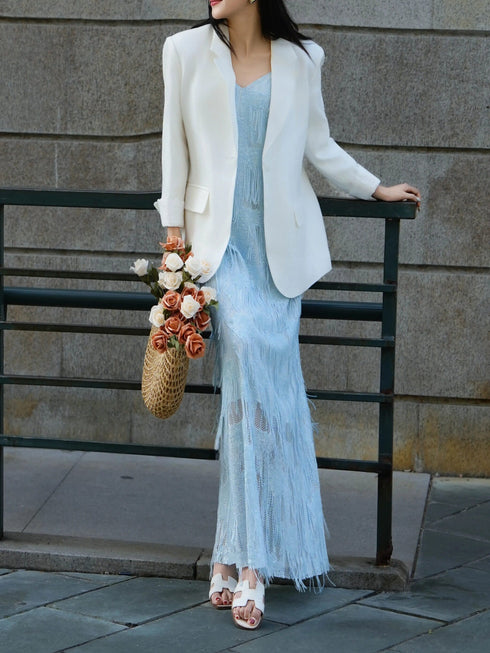 Light Blue French Fringe V‑Neck Slip Maxi Dress – Elegant Tassel Textured Camisole Dress
