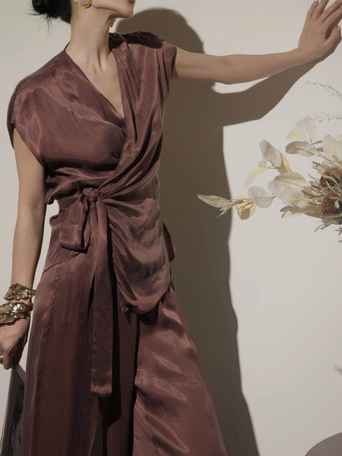 Luxury Satin-Texture Wrap V-Neck Tie Blouse & High-Waisted Wide-Leg Pants Set