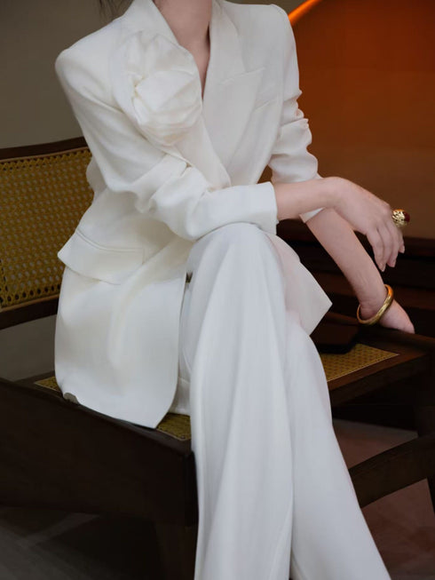 Luxury Floral Appliqué Blazer & Wide-Leg Trousers Suit Set – Elegant Designer Women's Power Suit