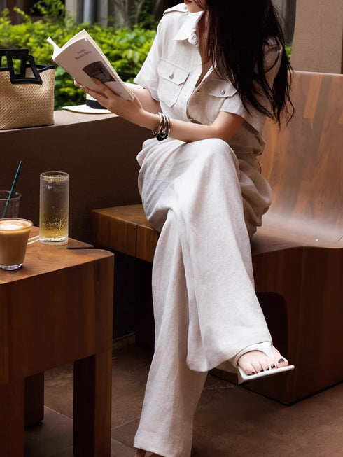 Women's Luxury Linen Two‑Piece Set – Short Sleeve Safari Shirt & Wide‑Leg Trousers
