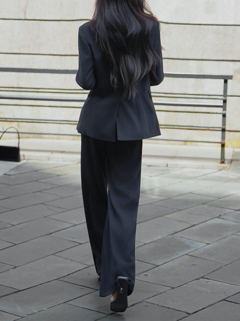 3D Floral Appliqué Tailored Blazer & Wide-Leg Trousers Suit Set – Elegant Office Two‑Piece Ensemble