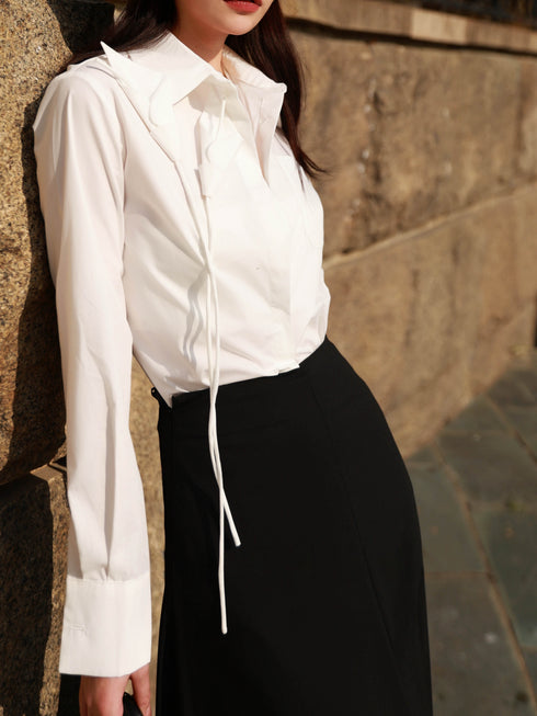 Sculptural Floral‑Appliqué White Shirt – Women’s Designer Long Sleeve Collared Blouse