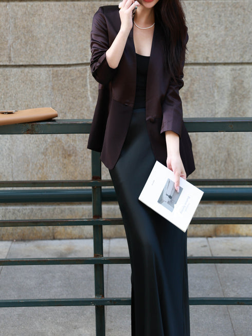 Acetate Tailored Blazer & Satin Maxi Skirt Set – Elegant Waist-Cinched Office Suit