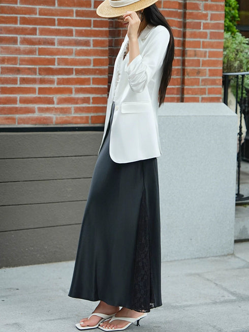 Luxury Acetate Lace-Panel Blazer & High-Waist Fishtail Skirt Set – Elegant Tailored Two-Piece Suit