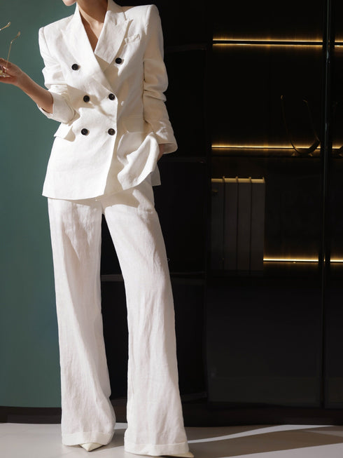 Old Money Linen Double-Breasted Blazer & Wide-Leg Trousers Suit Set – Relaxed Tailored Summer Workwear