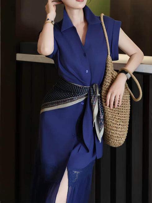 French Elegant Tie-Waist Shirt Dress – Lace Hem Midi Mermaid Dress with Scarf Detail