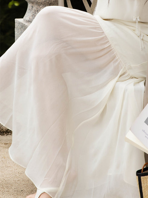 French Elegant Bow-Embellished Sleeveless Maxi Dress – Luxury Round-Neck Chiffon Panel Dress