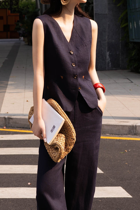 100% Linen Tailored V‑Neck Waistcoat & Wide‑Leg Pants Set – Structured Summer Suit